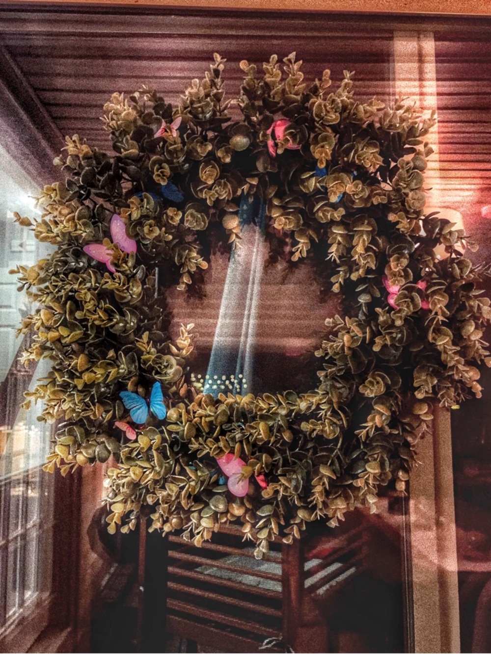 Green Boxwood Wreath with Pink & Blue Butterflies - Home Decor